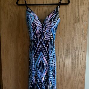 Emerald Sundae Strapless Sequin Slip Dress in Black and Iridescent Blue-Purple
